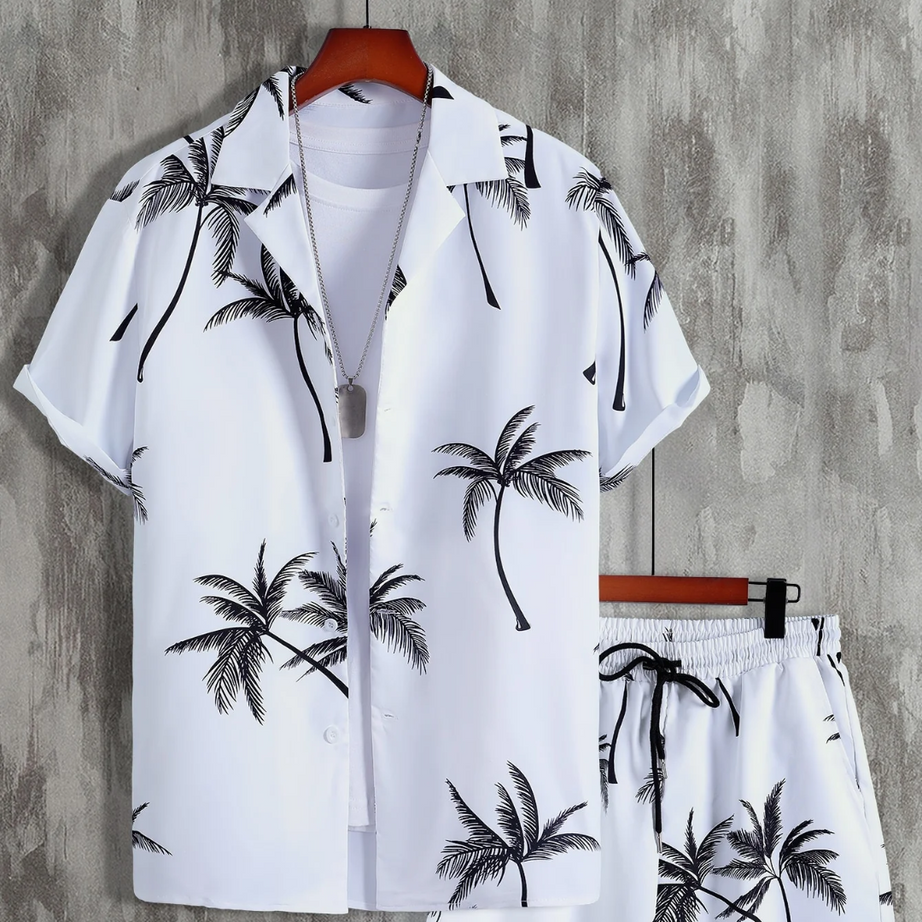Palm Tree Print Men's Shirt And Shorts Set Short Sleeve - BUYZ.IN | Trendsetter Men's wear
