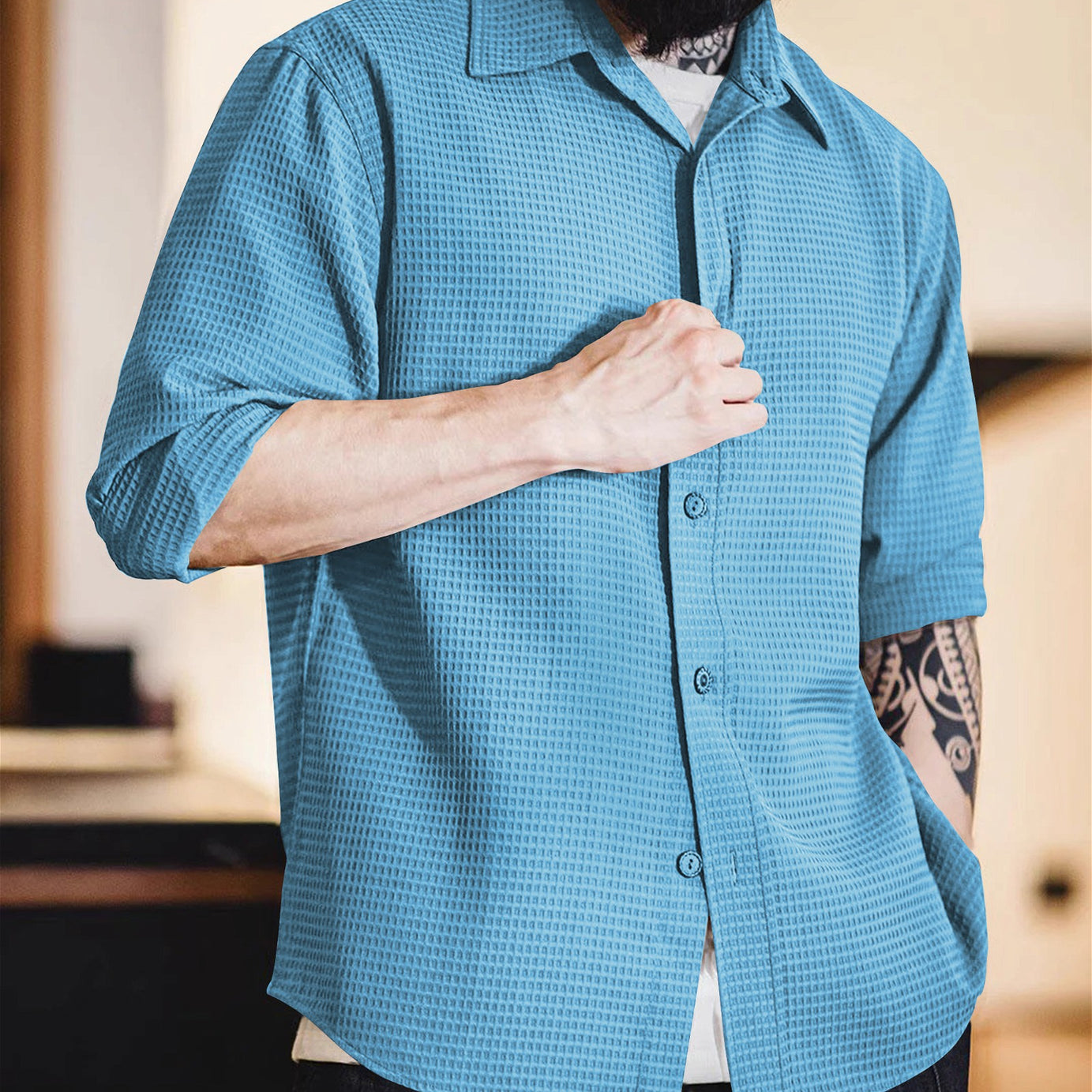 Sky Blue Long Sleeve Waffle Shirt - BUYZ.IN | Trendsetter Men's wear