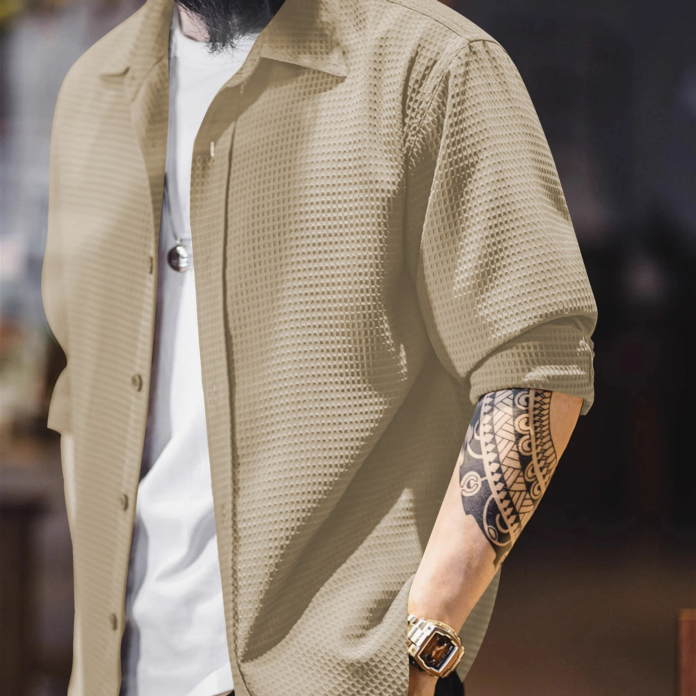 Beige  Long Sleeve Waffle Shirt - BUYZ.IN | Trendsetter Men's wear