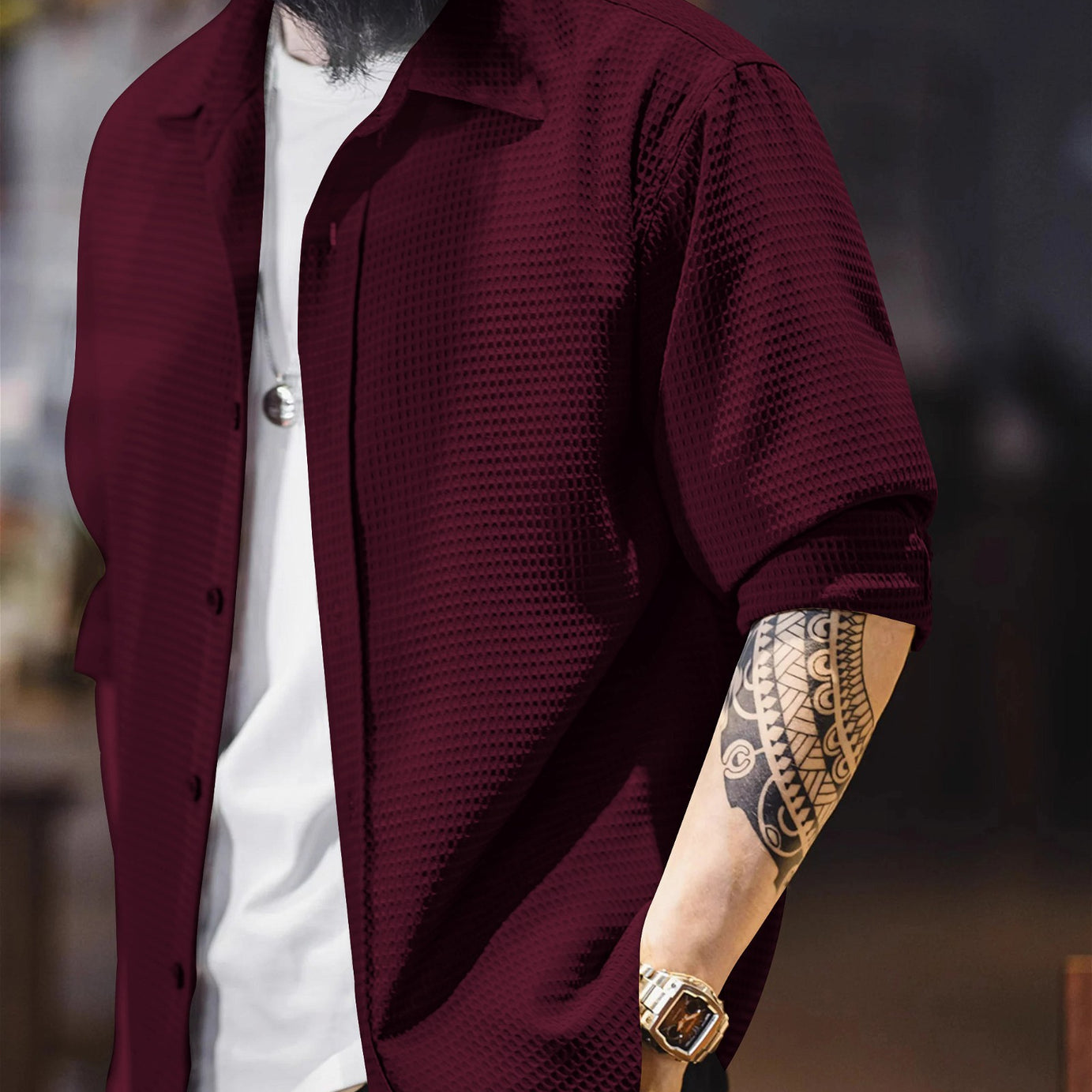 Maroon  Long Sleeve Waffle Shirt - BUYZ.IN | Trendsetter Men's wear