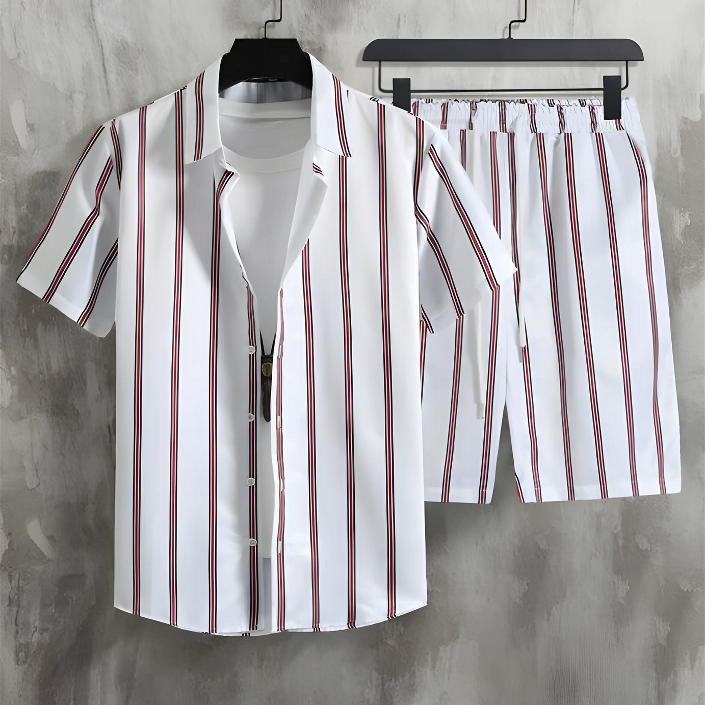 Maroon Striped Printed White Men's Shirt And Shorts Set Short Sleeve