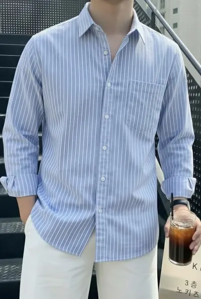 Pure Blue Linen Cotton Breathable Solid Spread Collar Casual Shirt