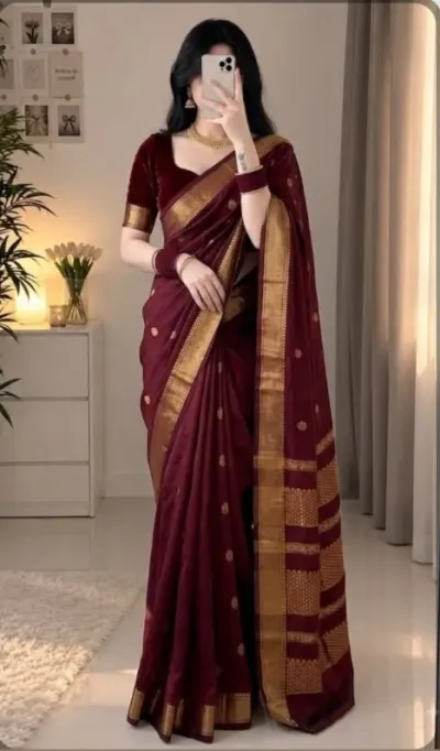 Pure Banarasi Chanderi Silk Zari Woven Saree with Matching Blouse Piece Alternate