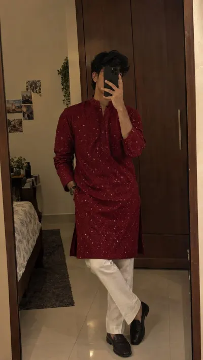 Diwali Special Men chikankari Long Kurta & Straight Pajama Set