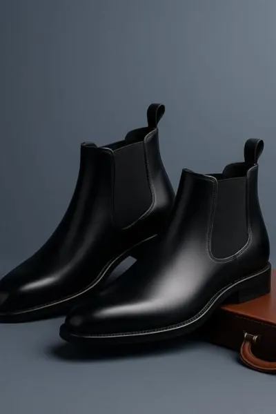 mens pointed black chelsea boots with stretchy elastic side