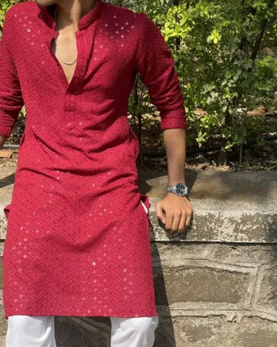 Diwali Special Men chikankari Long Kurta & Straight Pajama Set Alternate