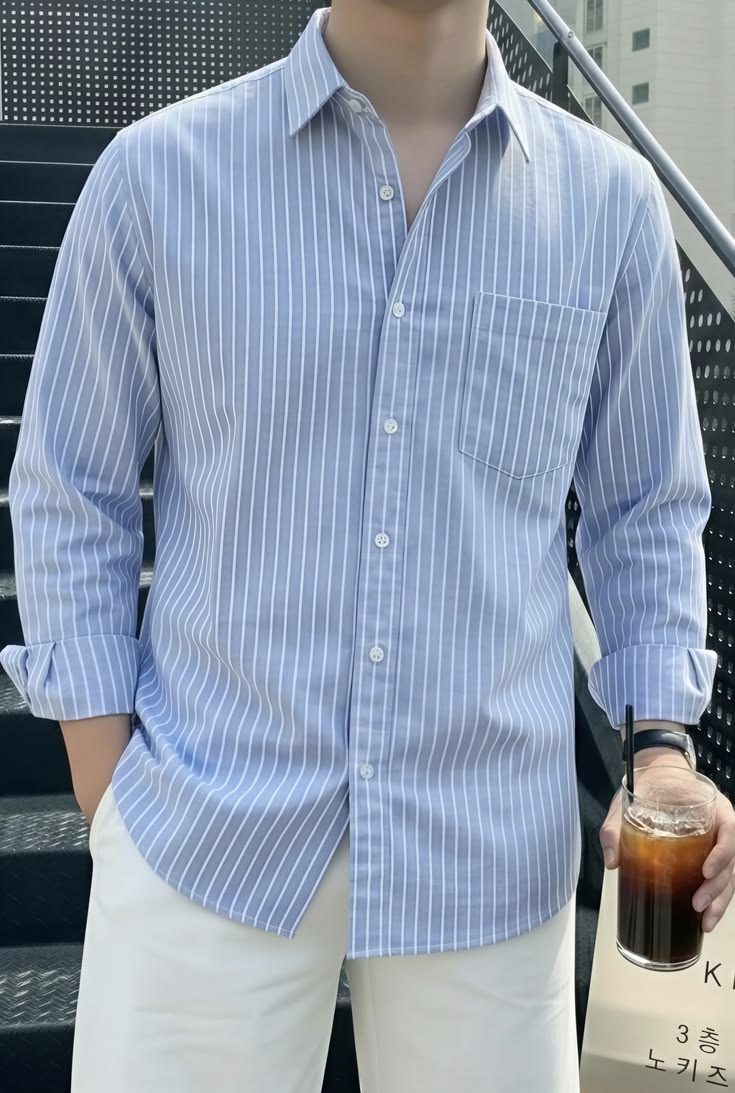 Pure Blue Linen Cotton Breathable Solid Spread Collar Casual Shirt